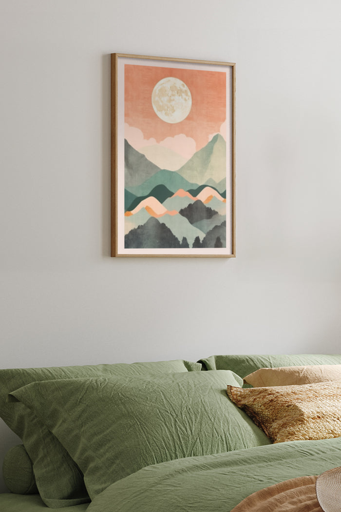 Abstract mountain landscape poster with moon artwork in bedroom setting