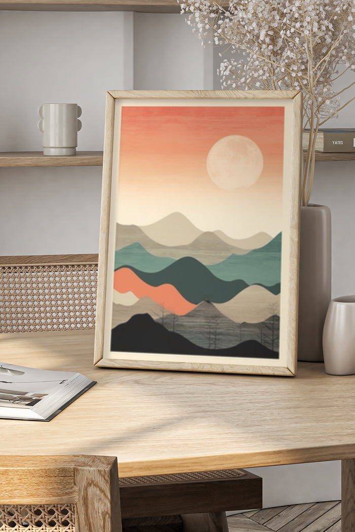 Abstract mountain landscape poster with warm sunset colors for contemporary home decor