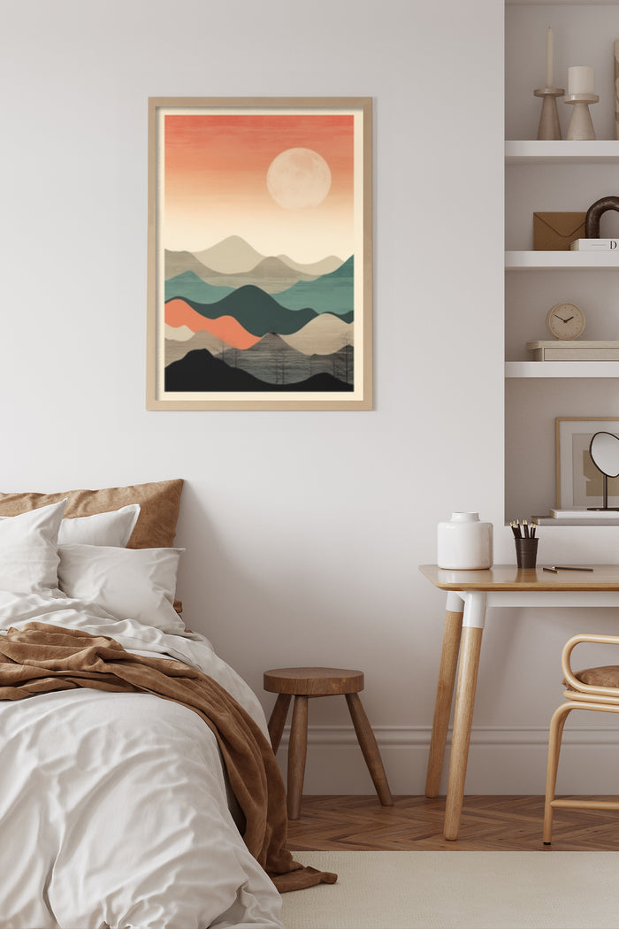 Abstract mountain range poster with warm sunset colors hanging above a bed in a modern bedroom decor