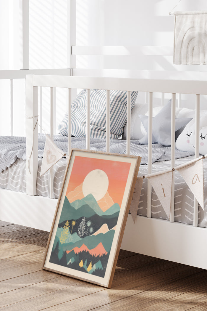 Abstract colorful mountain landscape poster leaning against white crib in modern nursery room