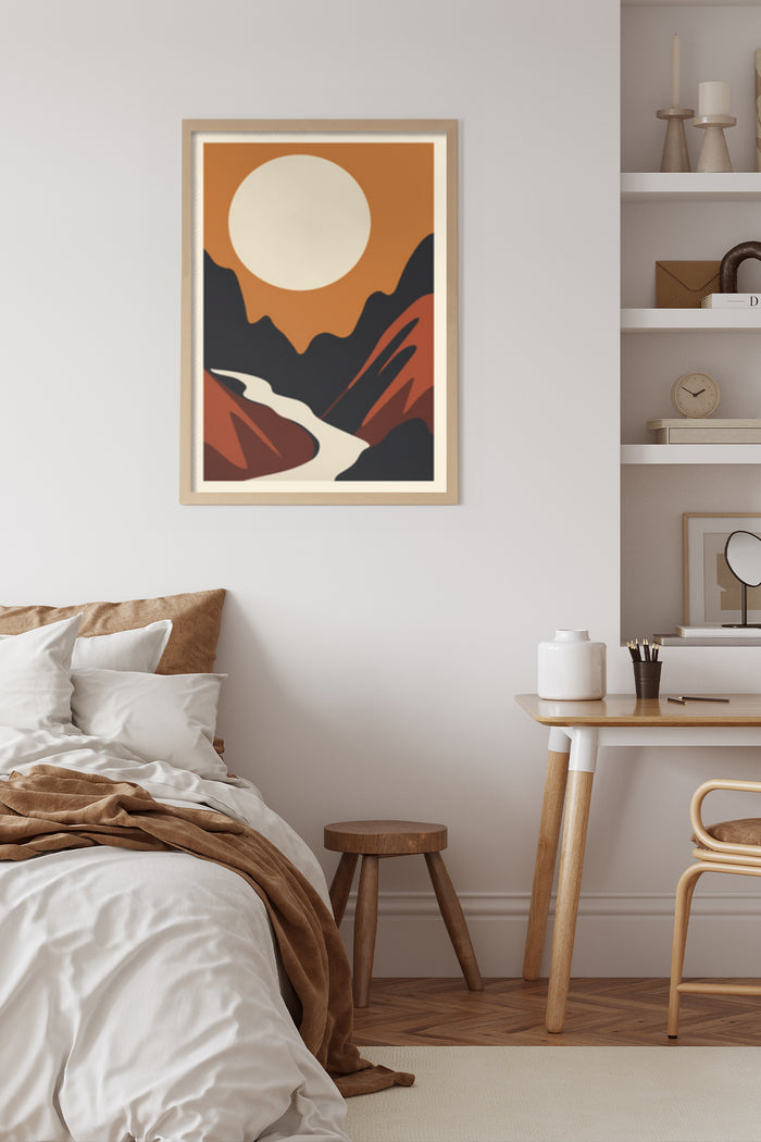 Abstract mountain and sun poster with warm color palette on bedroom wall