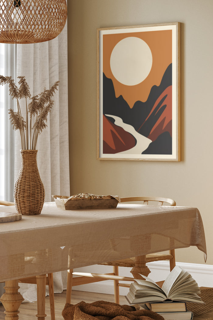 Abstract mountain sunset poster in dining room decor