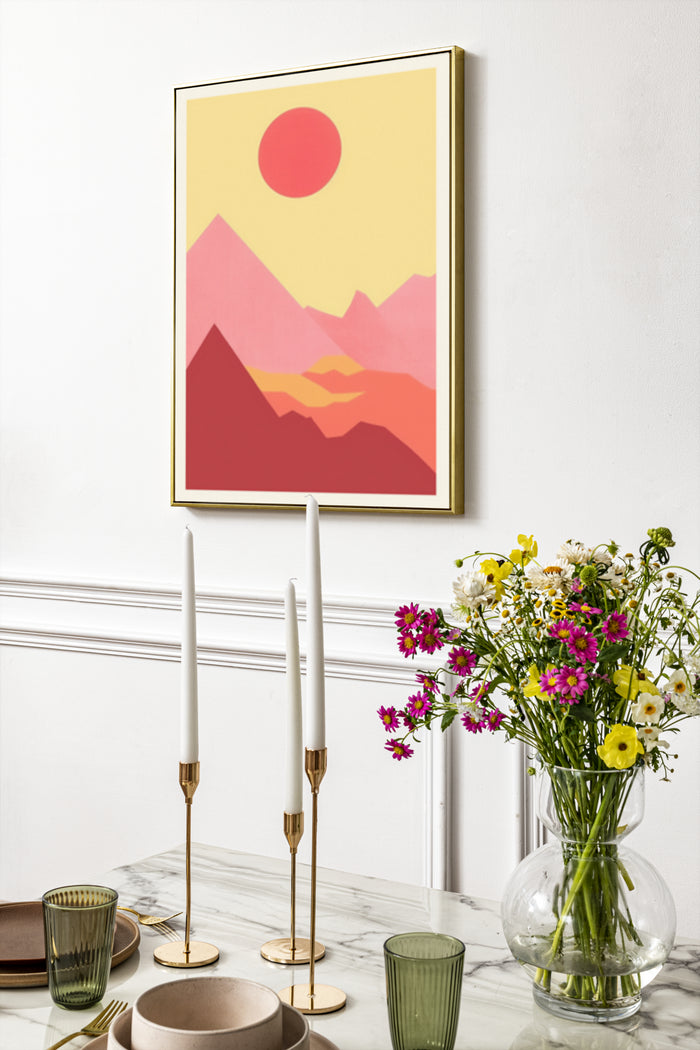 Abstract mountain and sunset poster in a modern home setting with elegant table decor
