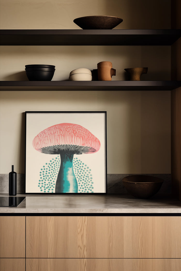 Abstract Red and Blue Mushroom Artwork Framed Poster on Kitchen Shelf