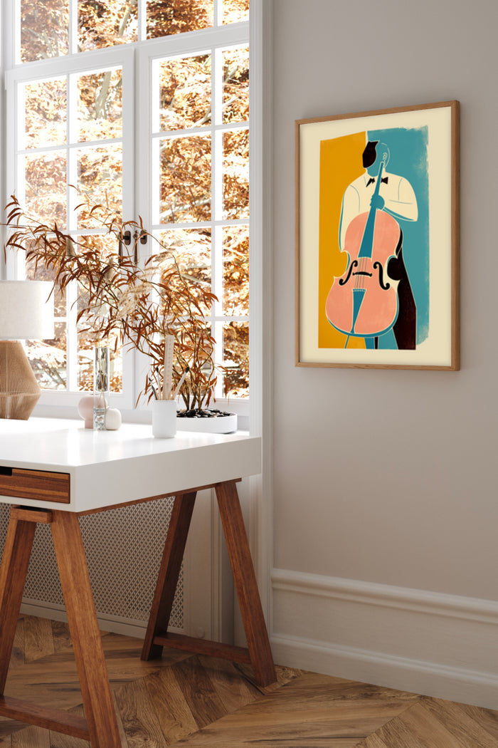 Abstract Cello Player Poster Artwork Displayed in a Modern Home Office with Autumn View through Window