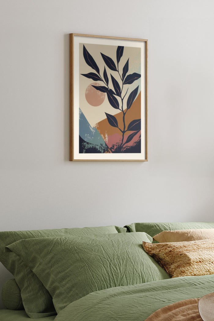 Abstract botanical poster with geometric shapes hanging in a modern bedroom