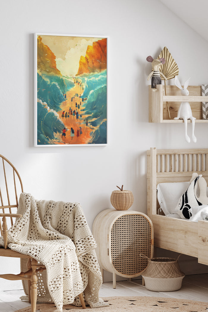 Abstract painting of a colorful ocean canyon with people on display in a modern living room interior