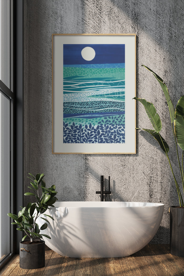 Abstract Ocean Waves and Moon Poster in Modern Bathroom Interior Decor