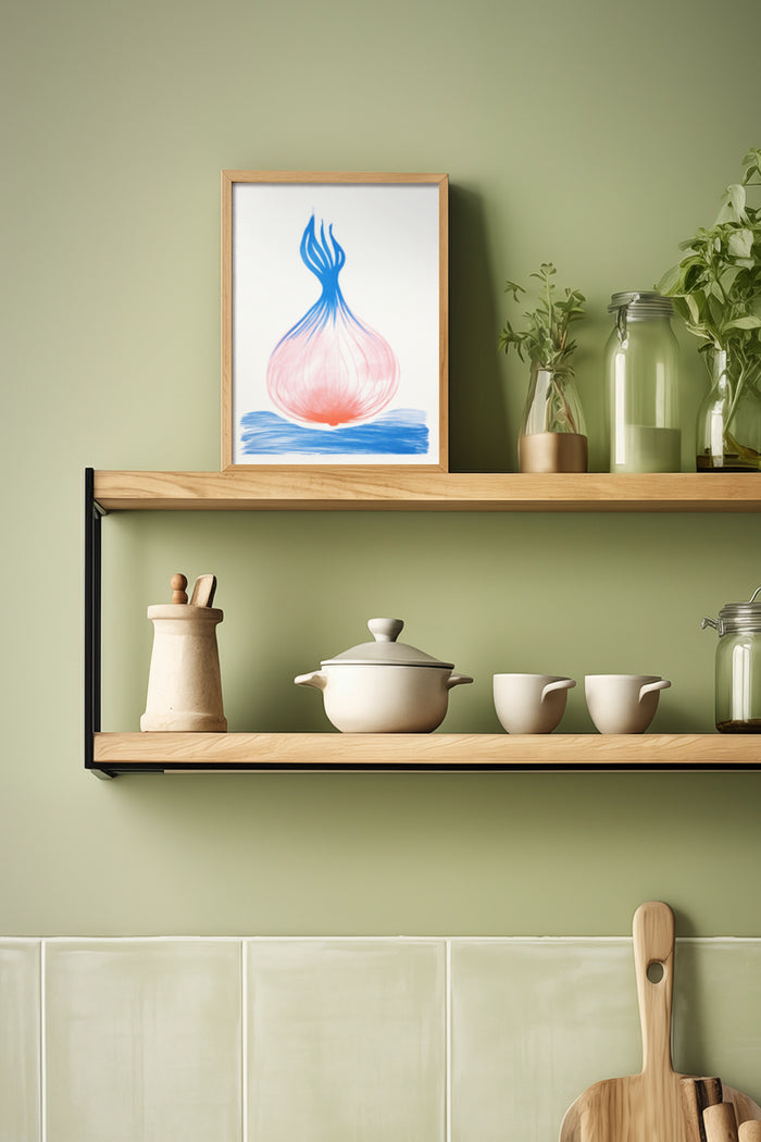 Abstract onion painting in a wooden frame on a kitchen shelf with pottery and plants