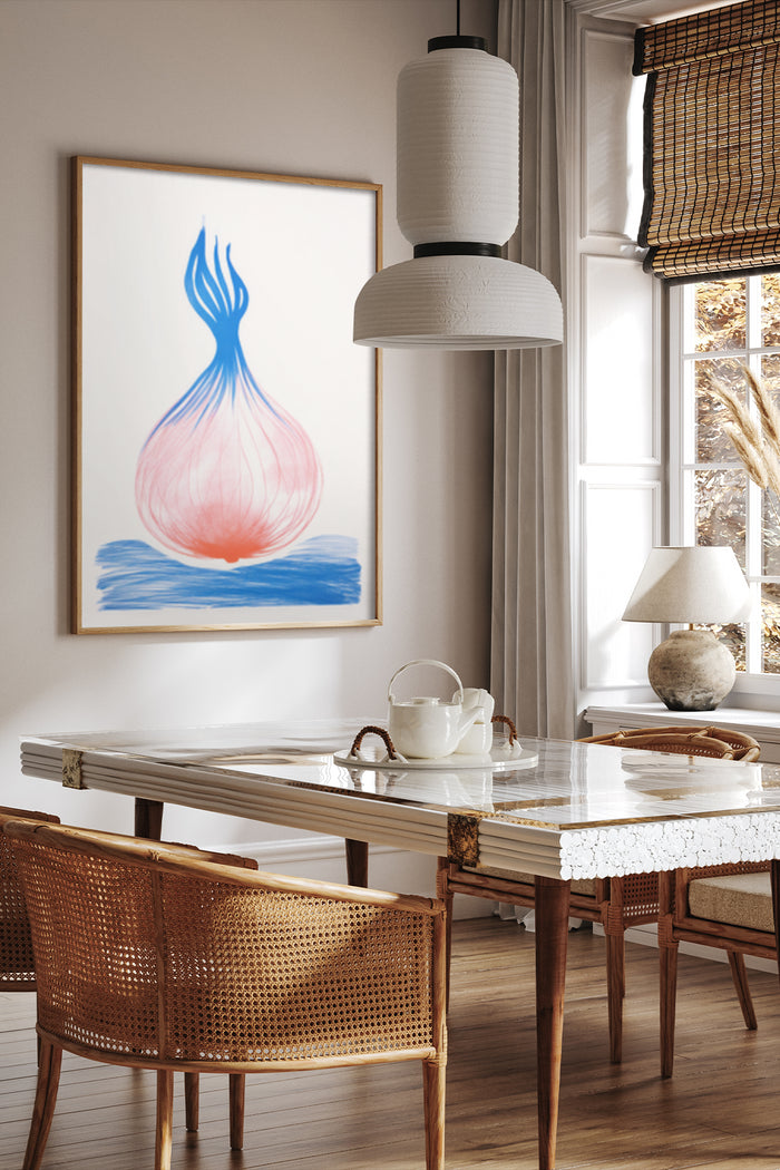 Abstract onion shape painting in a modern dining room interior with elegant table and rattan chairs