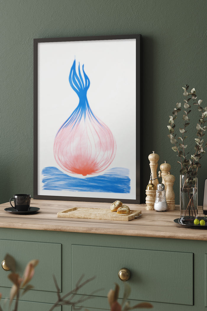 Abstract Watercolor Painting of Onion Shape in Blue and Red Tones Poster in Home Decor Setting