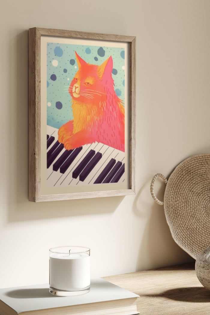 Abstract Art Poster Featuring an Orange Cat on Piano Keys with Polka Dot Background
