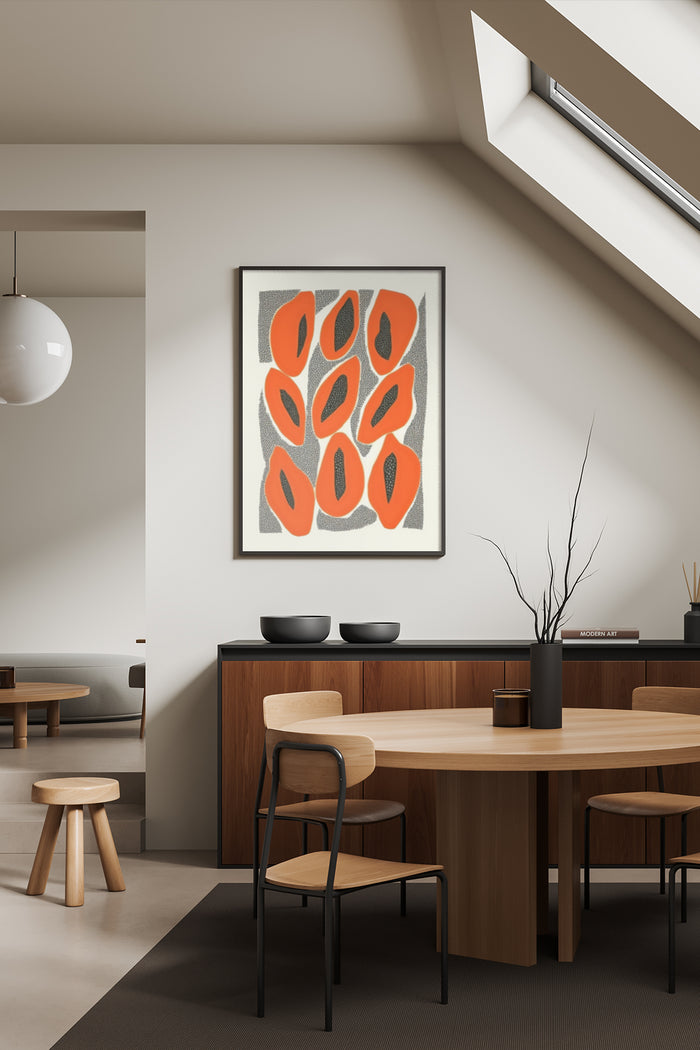 Modern dining room interior featuring an abstract poster with orange leaf patterns on the wall