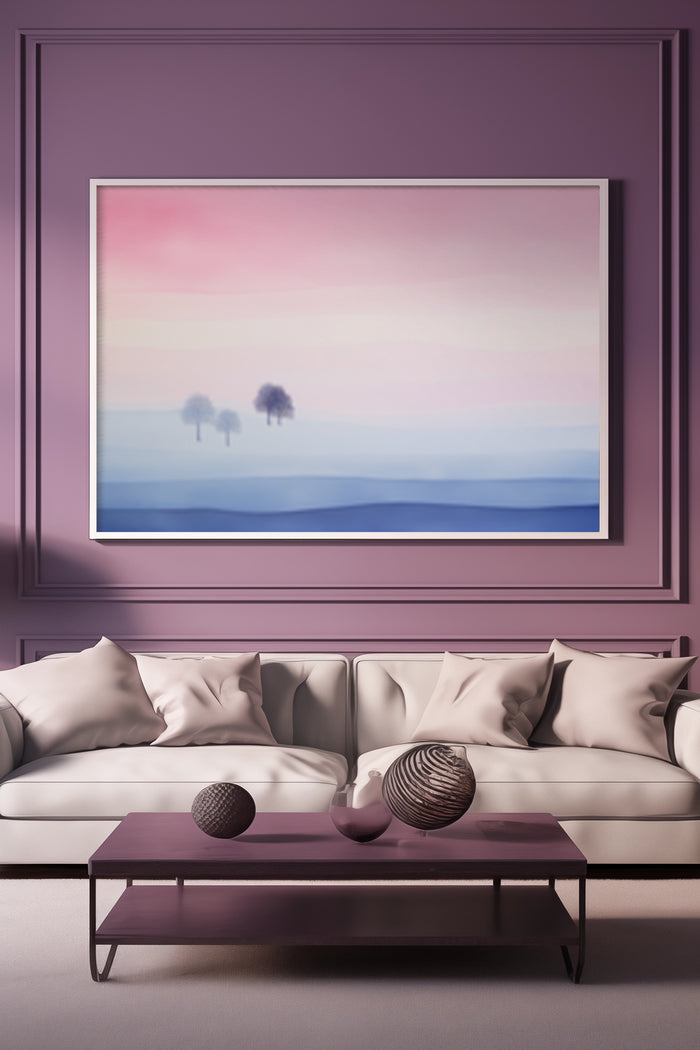Abstract pastel sunset landscape poster framed in a modern living room above a white couch