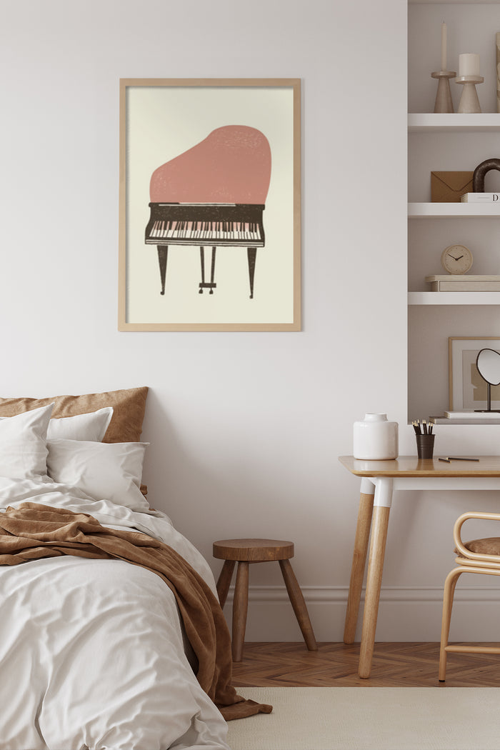 Minimalist abstract piano artwork poster on a bedroom wall