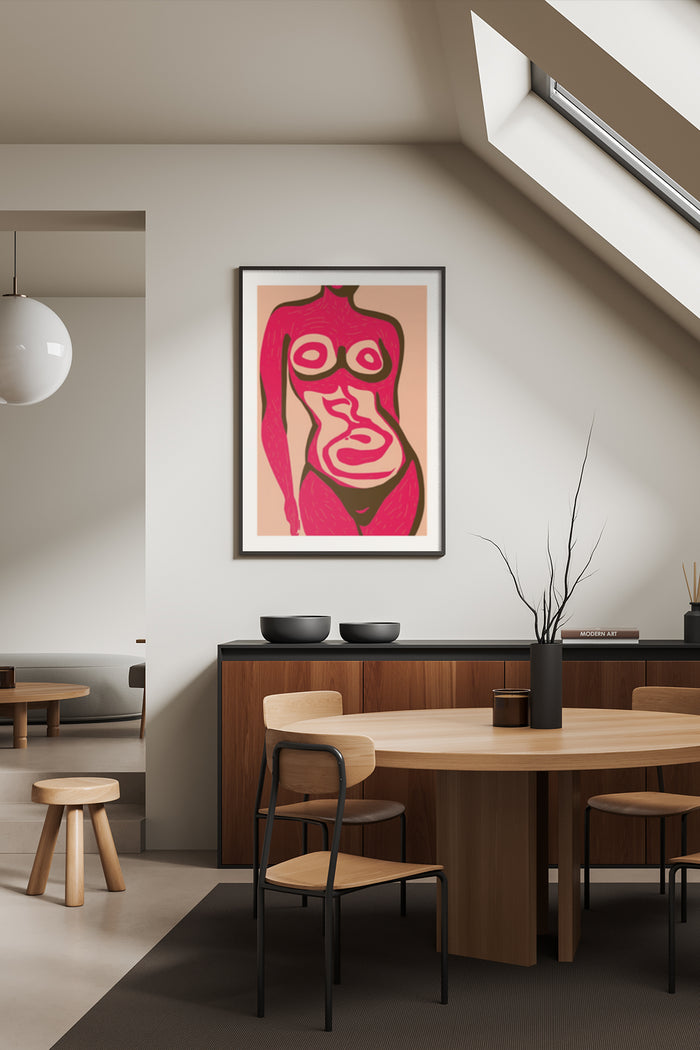 Abstract portrait poster with pink and beige tones displayed in a stylish modern dining room interior