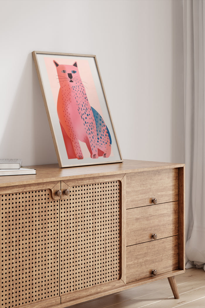 Stylized abstract cat poster with pink and blue spots in a modern wooden frame