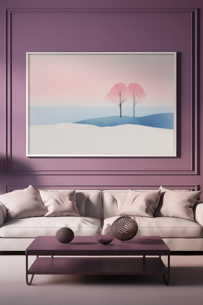 Abstract landscape poster with pink and blue pastel colors mounted on purple wall above white sofa in contemporary interior design setting