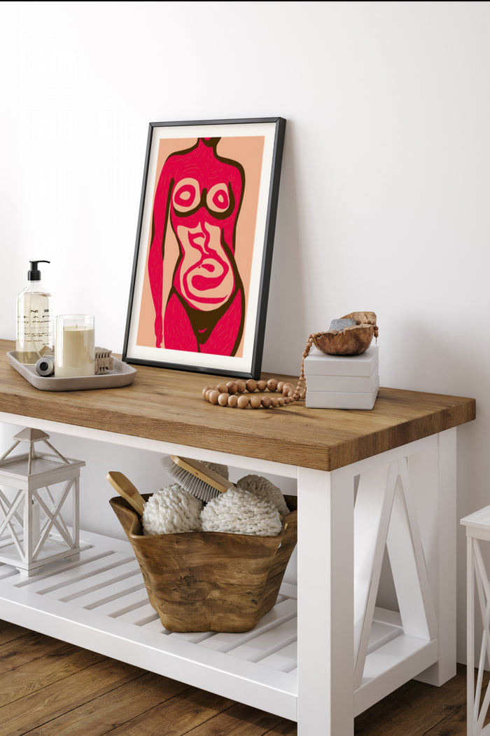 Stylized abstract pink figure poster in a modern home decor setting