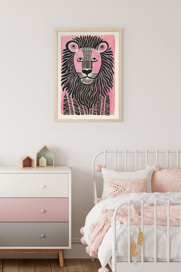Abstract pink and black illustrated lion poster framed in a modern girls bedroom setting above dresser