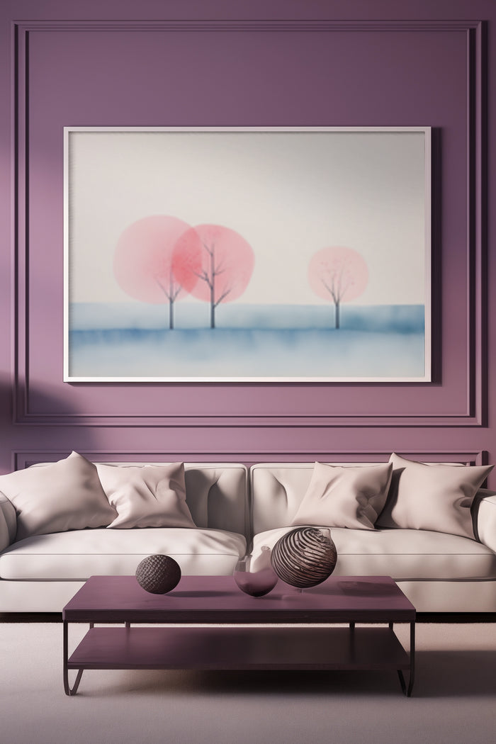 Abstract artwork of pink trees above sofa in contemporary living room interior
