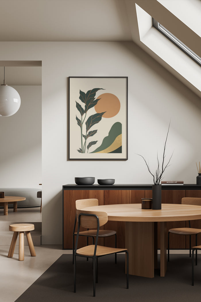 Abstract plant artwork in a modern dining room interior with wooden furniture and stylish decor