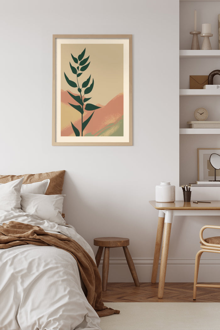 Abstract botanical artwork with a plant silhouette against a warm-toned mountainous backdrop, displayed in a cozy bedroom setting