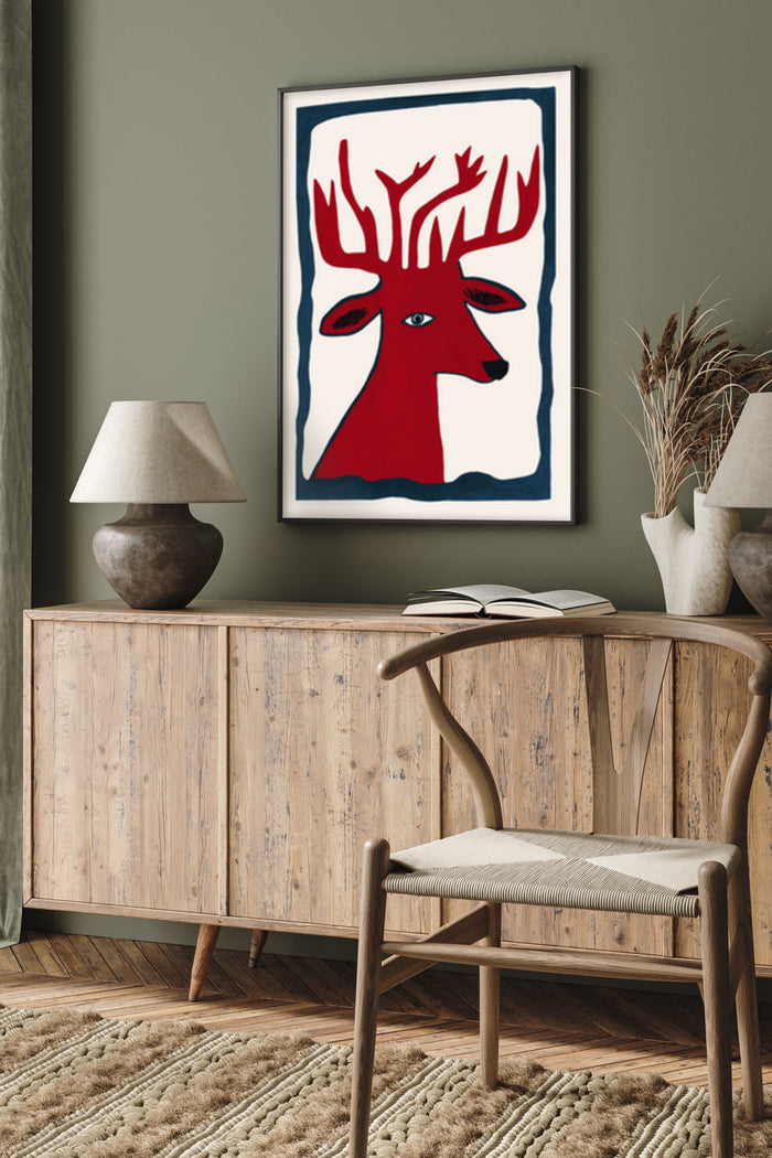 Abstract red deer with human hands as antlers art poster framed on a wall in a contemporary home interior