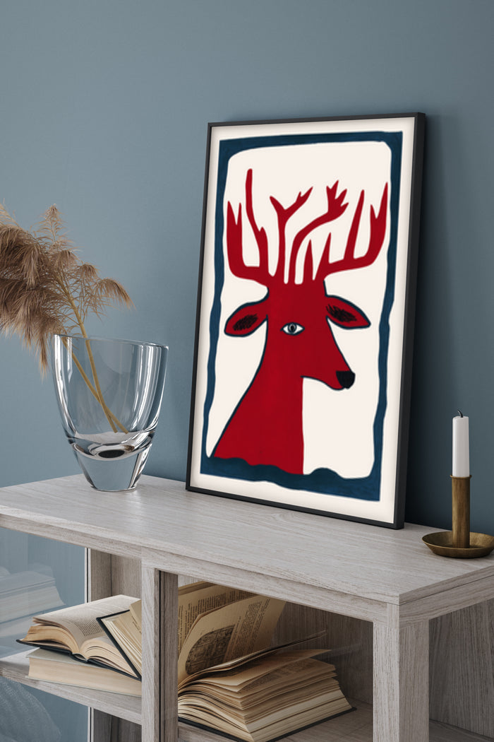 Abstract Red Deer Art Print Poster in Frame on Side Table