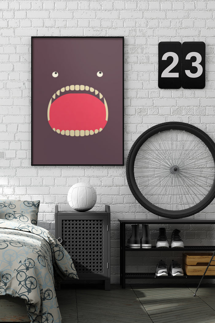 Modern abstract poster of a stylized red mouth with a pink border in a bedroom setting