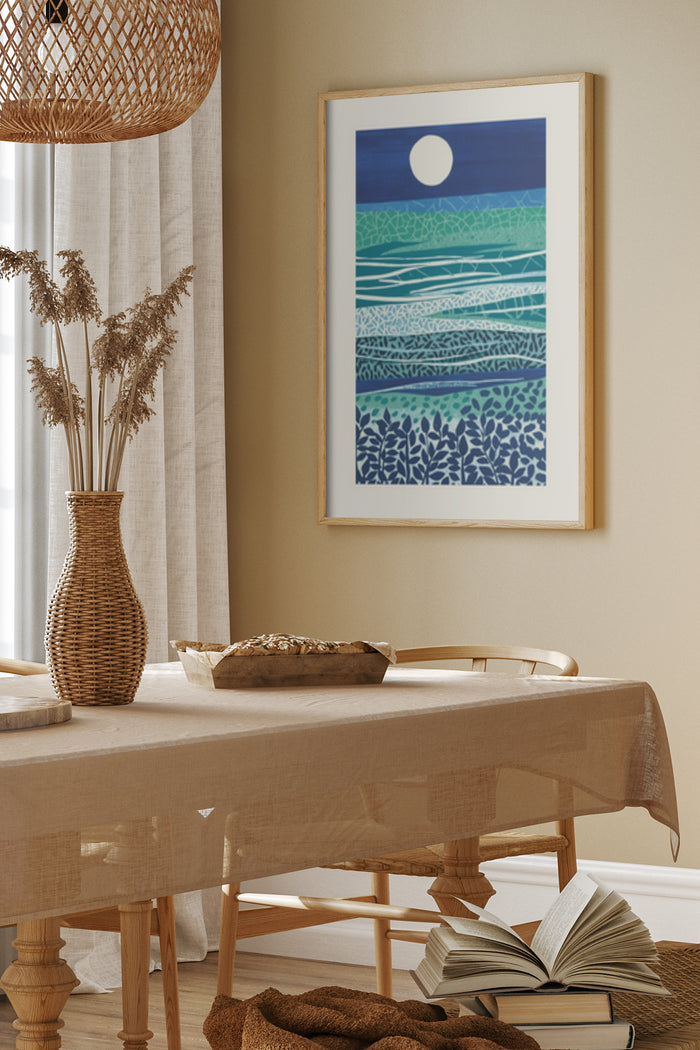 Abstract Seascape Poster with Layered Waves and Full Moon in Modern Dining Room