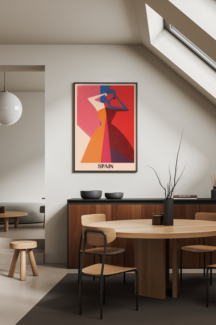 Stylish abstract travel poster for Spain displayed in a chic modern dining room interior