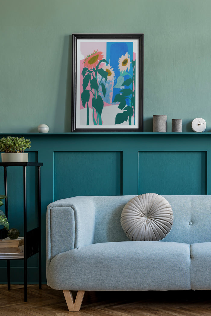 Modern abstract sunflower poster framed on an emerald green wall above a light blue couch in a stylish interior