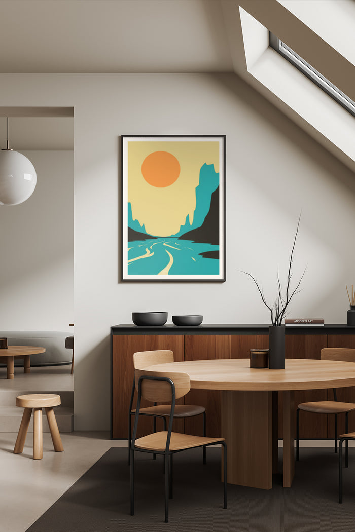 Abstract sunrise landscape framed poster displayed in contemporary dining room interior