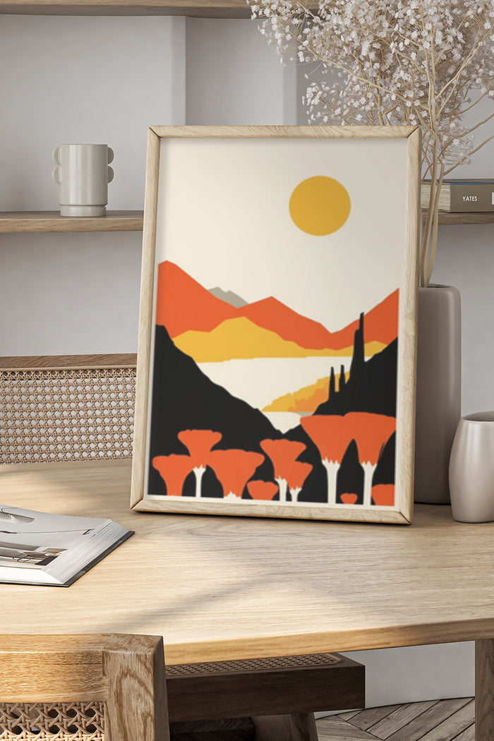 Abstract Sunrise Mountain Landscape Art Poster Framed in Modern Interior