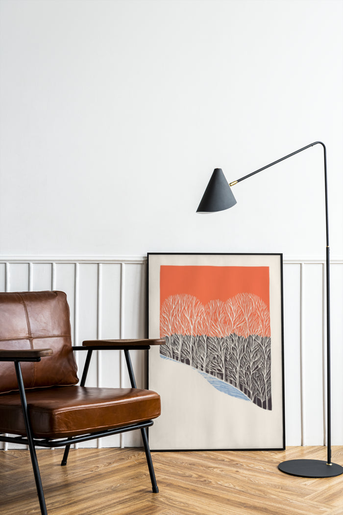 Abstract tree silhouette poster in modern living room setting with leather chair and floor lamp