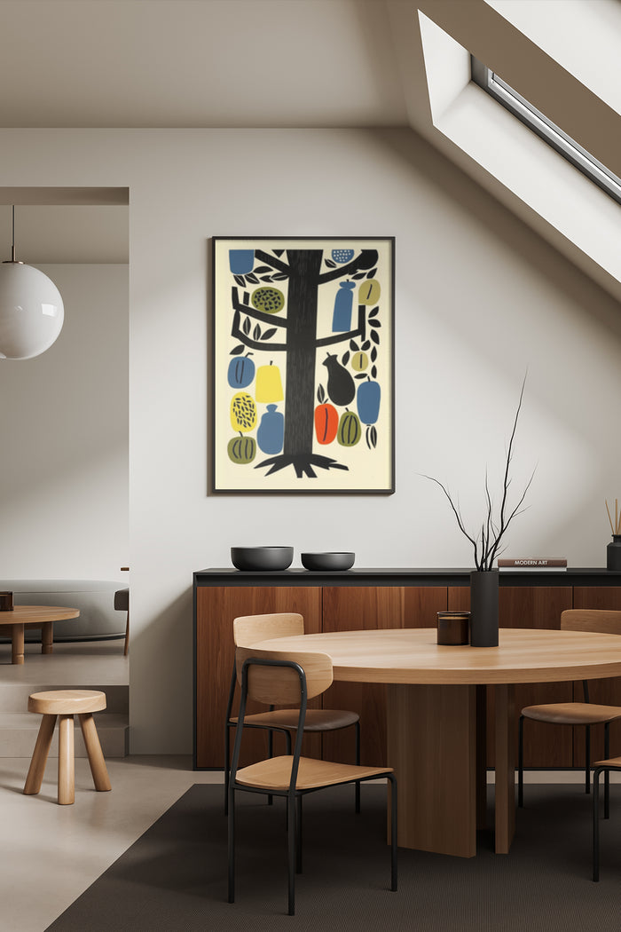 Abstract tree and shapes artwork in a frame on the wall of a contemporary dining room