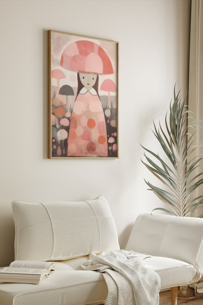 Abstract painting of a girl with a large umbrella surrounded by smaller umbrellas in a cozy living room interior