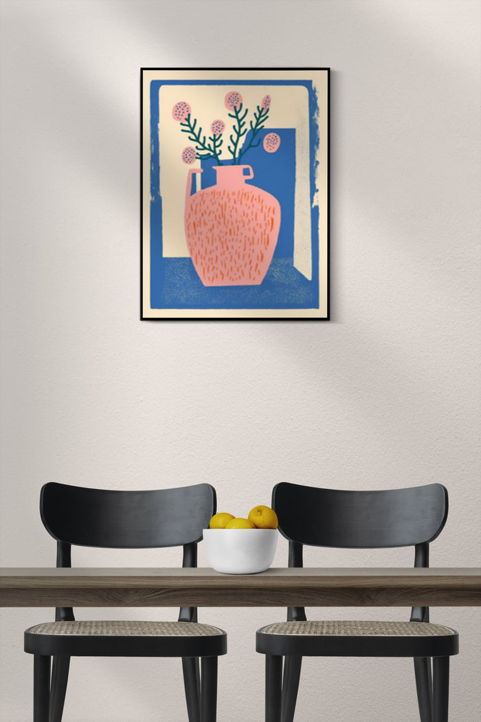 Abstract coral vase with blue and green floral modern art poster in cozy interior setting