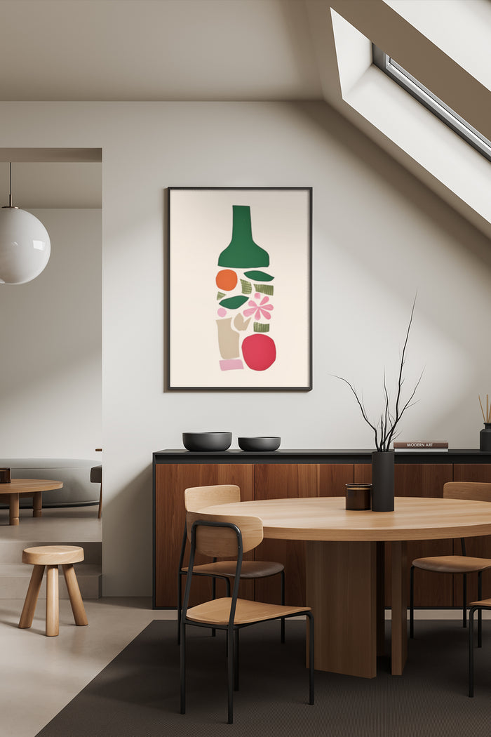 Abstract Vase and Flowers Artwork Poster Displayed in Contemporary Dining Room Interior