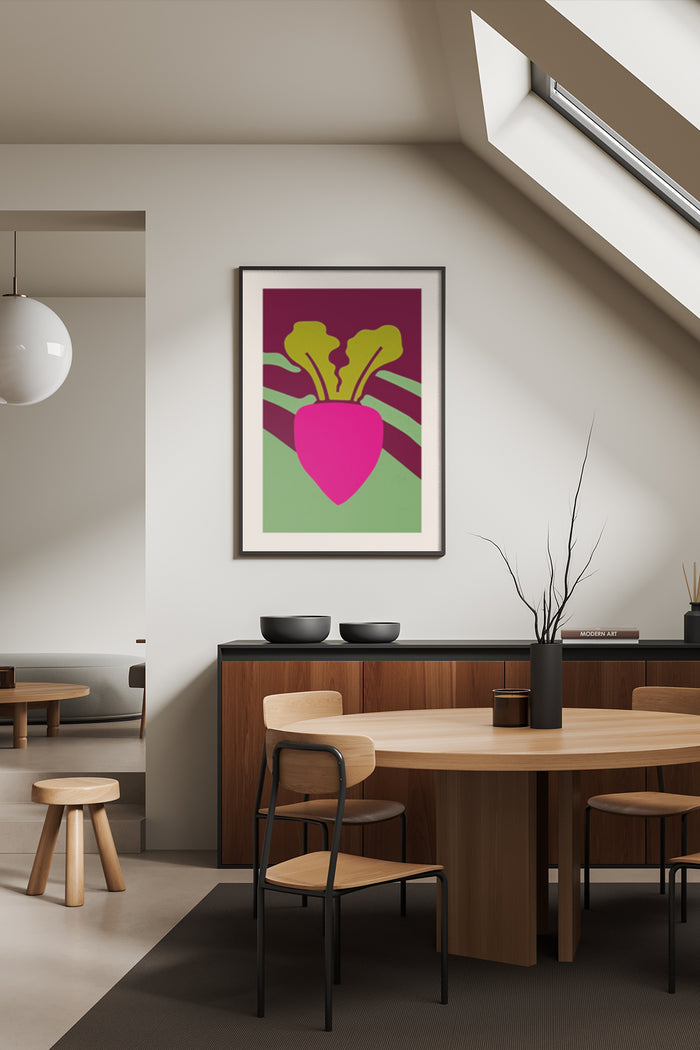 Abstract pink beet vegetable art poster framed on a wall in a contemporary dining room interior