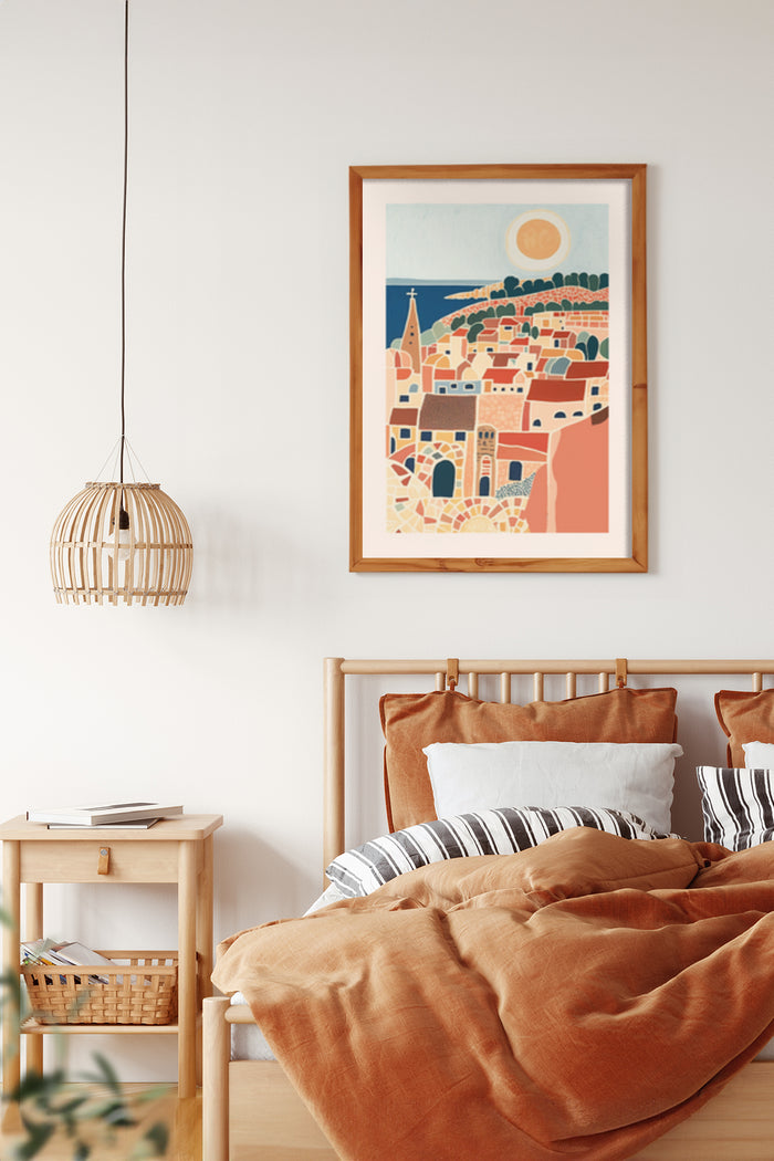 Colorful abstract village landscape artwork displayed in a modern bedroom setting