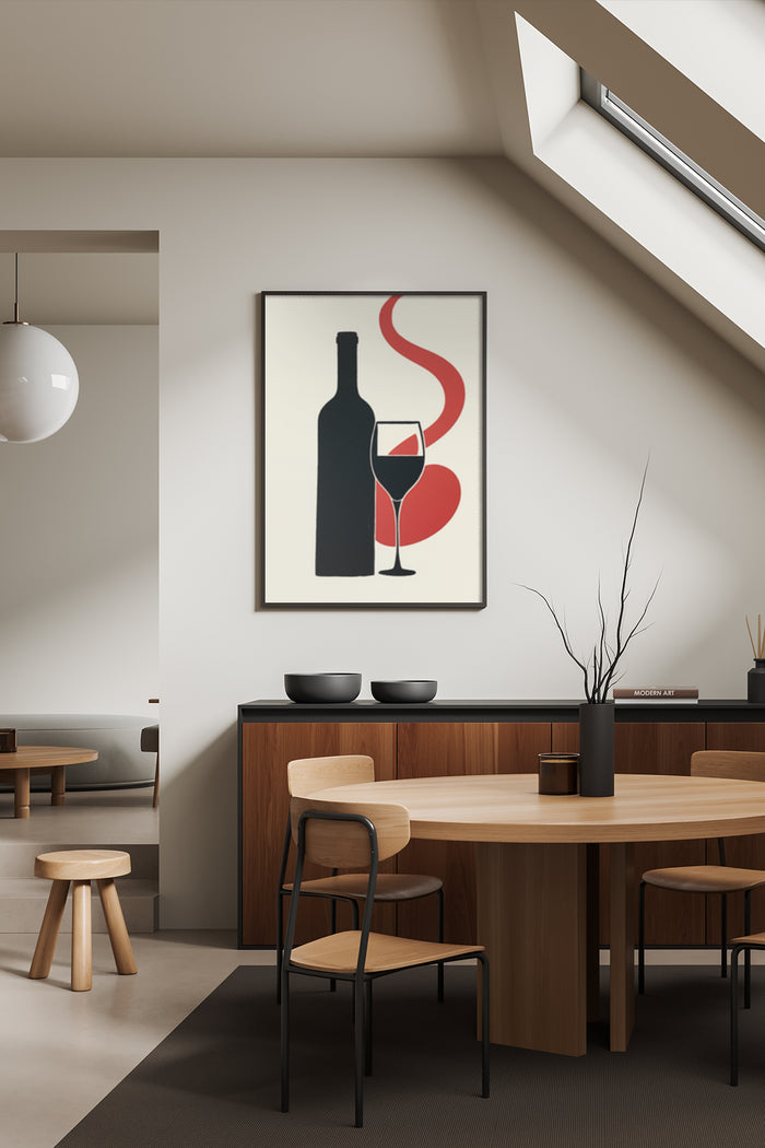Stylish abstract poster featuring wine bottle and glass in a contemporary dining room setting