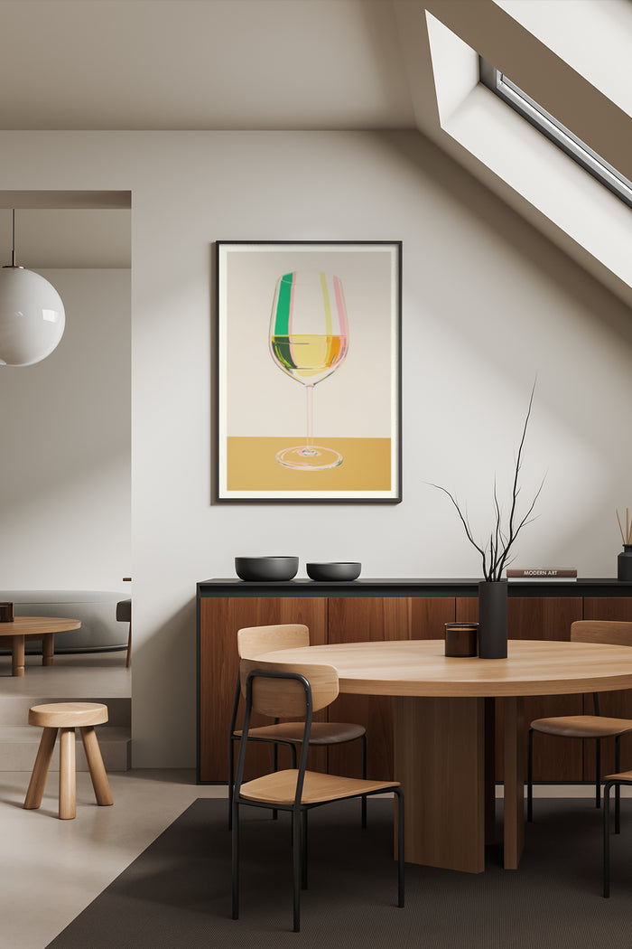 Minimalistic abstract wine glass poster hung in a contemporary dining room design