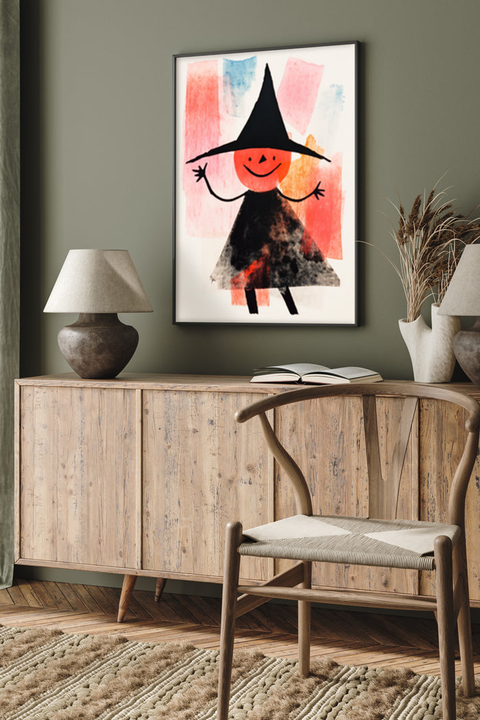 Abstract colorful witch Halloween artwork poster in stylish home interior setting