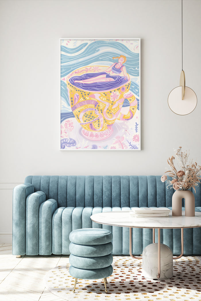 Abstract colorful poster of a woman floating in a teacup with whimsical patterns