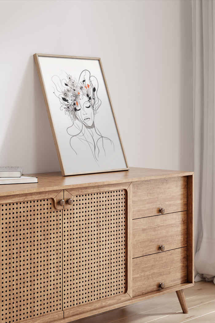Abstract line drawing of a woman with floral head arrangement in a frame on a wooden sideboard