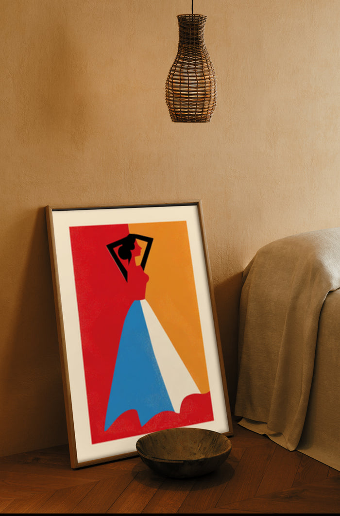 Stylish interior with abstract woman silhouette colorful poster framed on wall