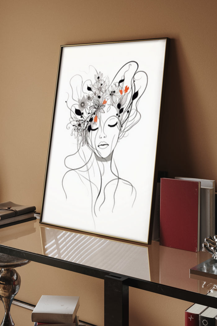 Abstract line drawing of a woman with floral hair arrangement