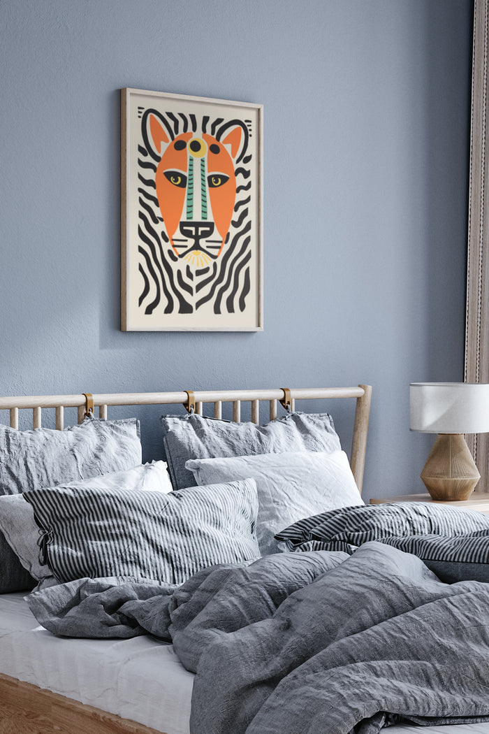 Stylized abstract zebra stripe artwork poster displayed in a modern bedroom interior